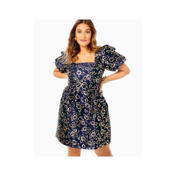 LILLY PULITZER KASSLYN DRESS Low
Tide Navy Gold Puff Floral Brocade SIZE 16 NWT - Picture 1 of 6